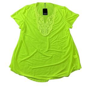 Folunsi Neon Green Cover Up/ Tunic Top Plus Size 4X -5X Embroidered‎ V Neck NWT